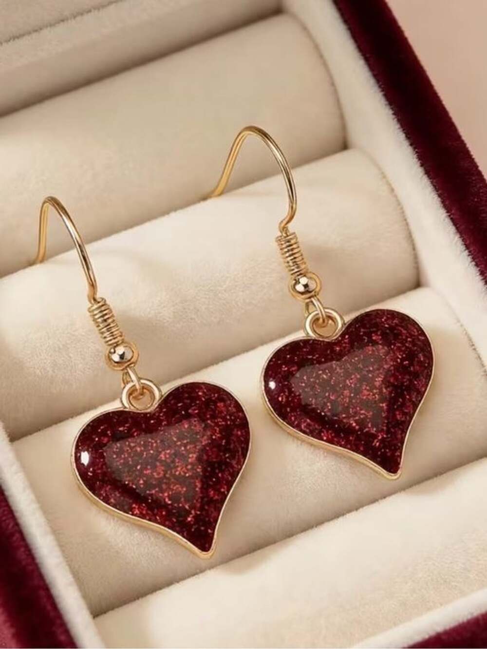 Gold Hoop Earrings with Deep Red Glitter Heart Drop